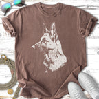Brown t-shirt with a white outline of a German Shepherd's head.