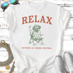 Pug wearing sunglasses and hat in a lawn chair, "RELAX NOTHING IS UNDER CONTROL" text.