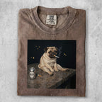 T-shirt with a pug smoking a cigarette next to a beer can.