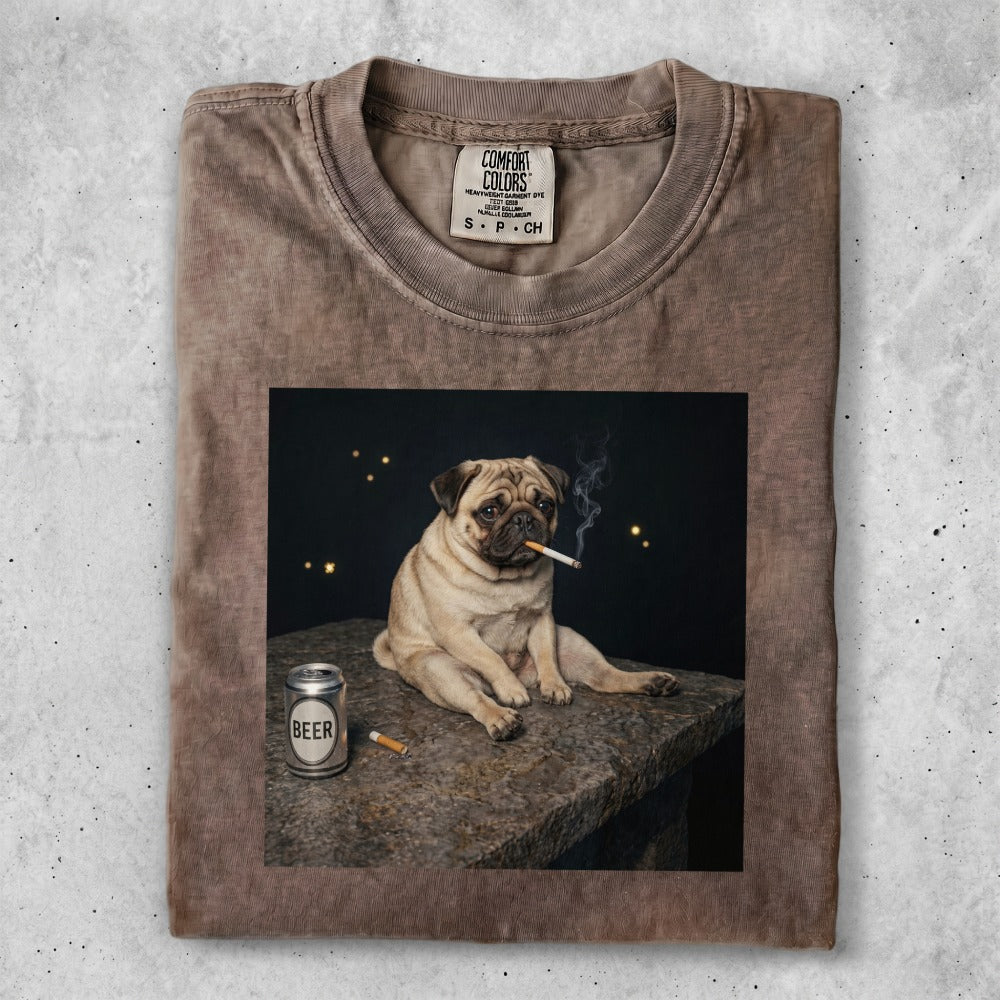 T-shirt with a pug smoking a cigarette next to a beer can.