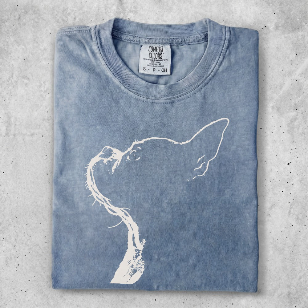 Blue t-shirt with white cat outline and Comfort Colors logo.