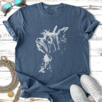 T-shirt with a white outline sketch of a Yorkshire Terrier dog.