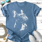 French bulldog sketch on a vintage-wash blue t-shirt, with sunglasses and leash.