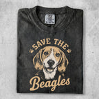 Comfort Colors t-shirt with "Save the Beagles" and dog graphic.