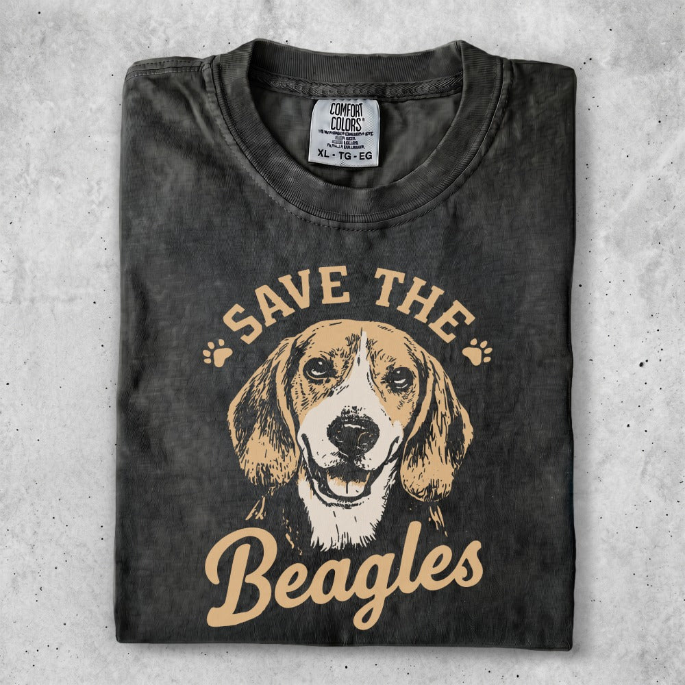 Comfort Colors t-shirt with "Save the Beagles" and dog graphic.