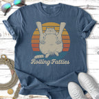 T-shirt with cat holding hands and "Rolling Fatties" text.