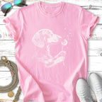 Pink t-shirt with white dachshund silhouette holding a dandelion.