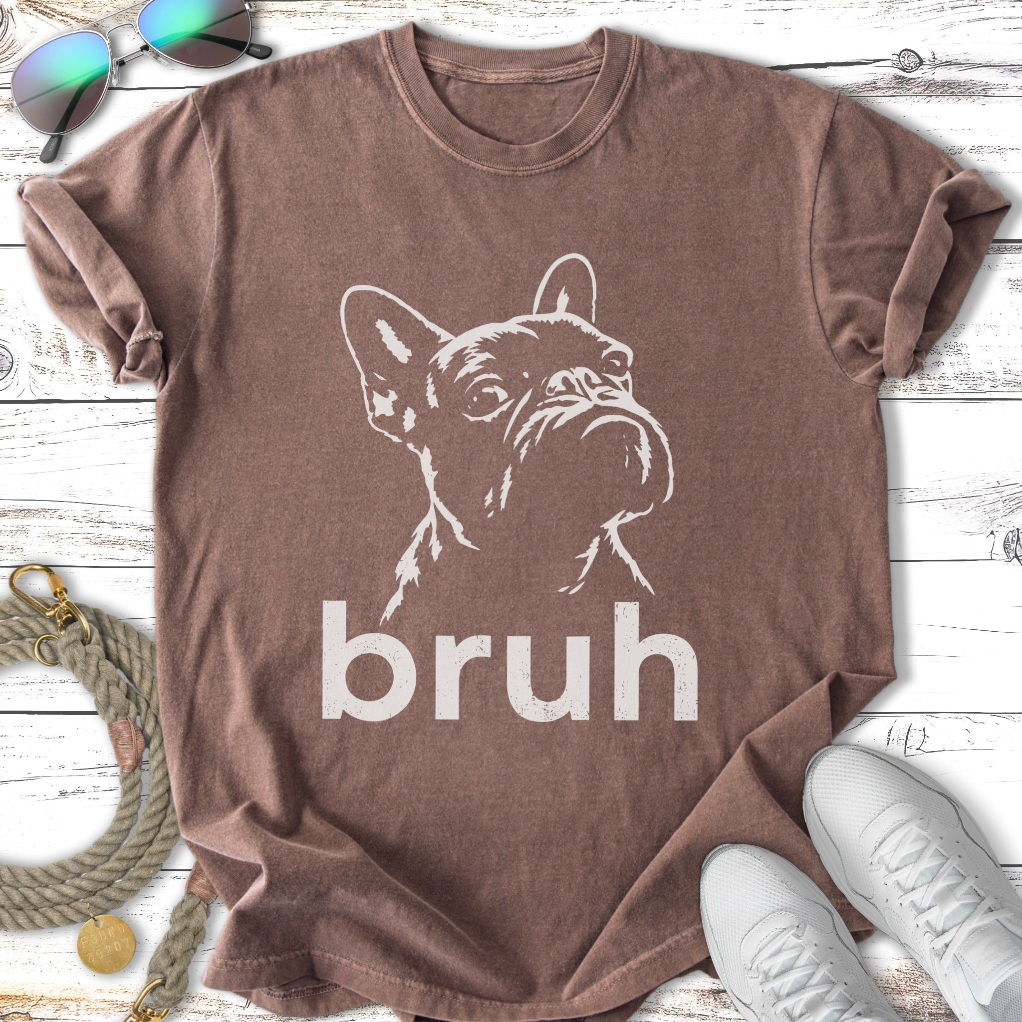 T-shirt with a French bulldog graphic and "bruh" text.