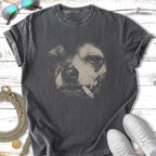 T-shirt with a charcoal drawing of a dog smoking a cigarette.