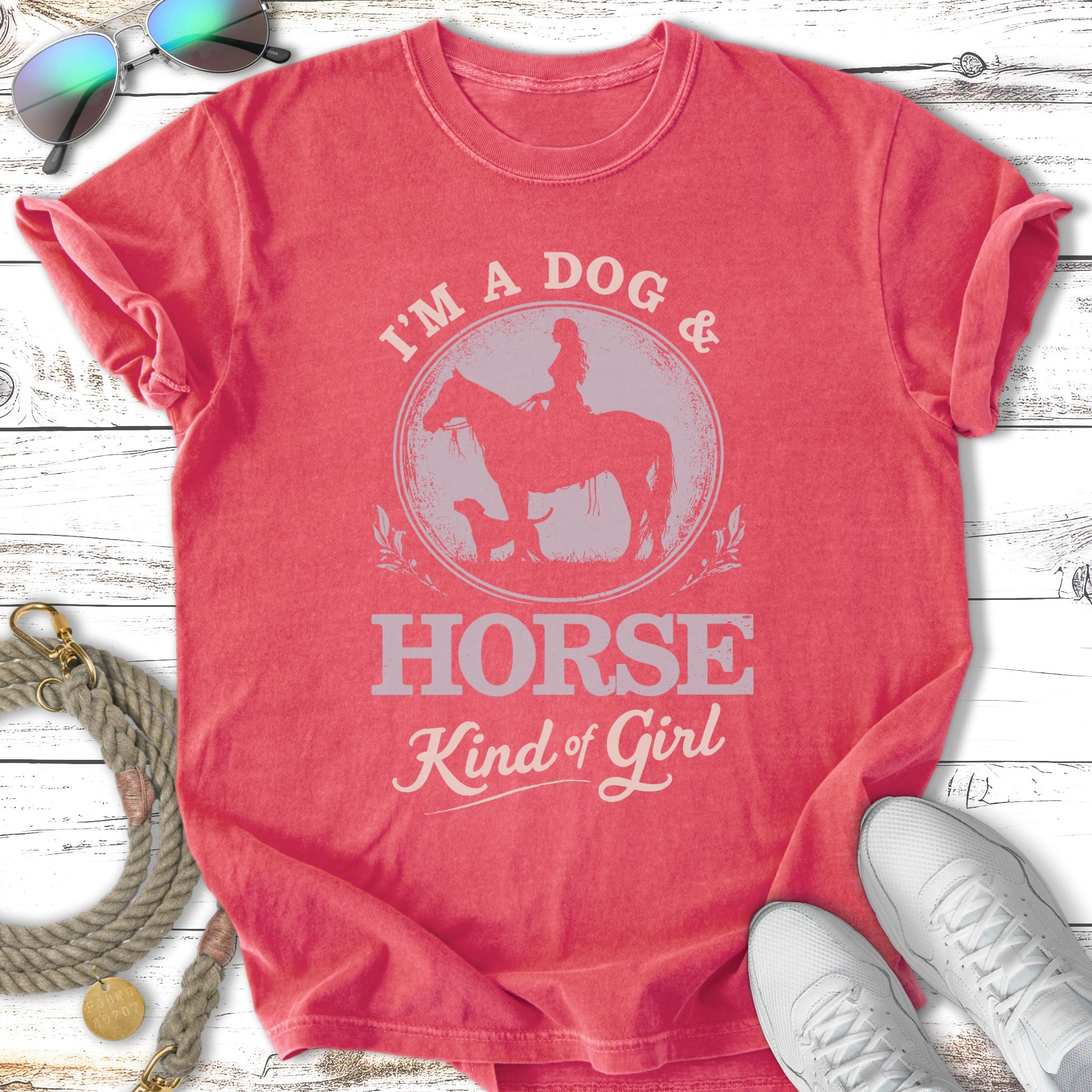 T-shirt with "I'm a Dog & Horse Kind of Girl" text and silhouette graphic.