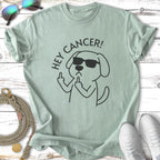 Dog wearing sunglasses, flipping off, with "HEY CANCER!" text.