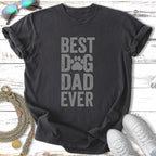 Dark t-shirt with "BEST DOG DAD EVER" text and a paw print.