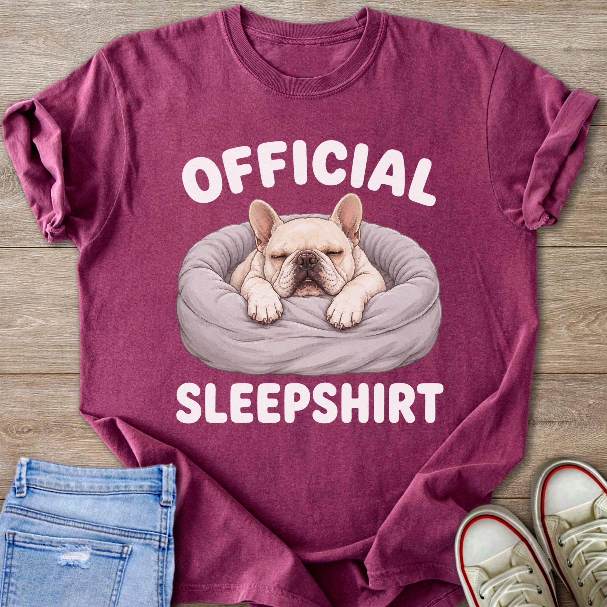 Burgundy t-shirt with a sleeping French bulldog and text "OFFICIAL SLEEPSHIRT".