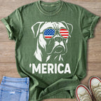 Green t-shirt with white boxer dog wearing American flag sunglasses, text "'MERICA".