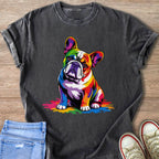 French bulldog with rainbow paint splatters printed on a charcoal t-shirt.