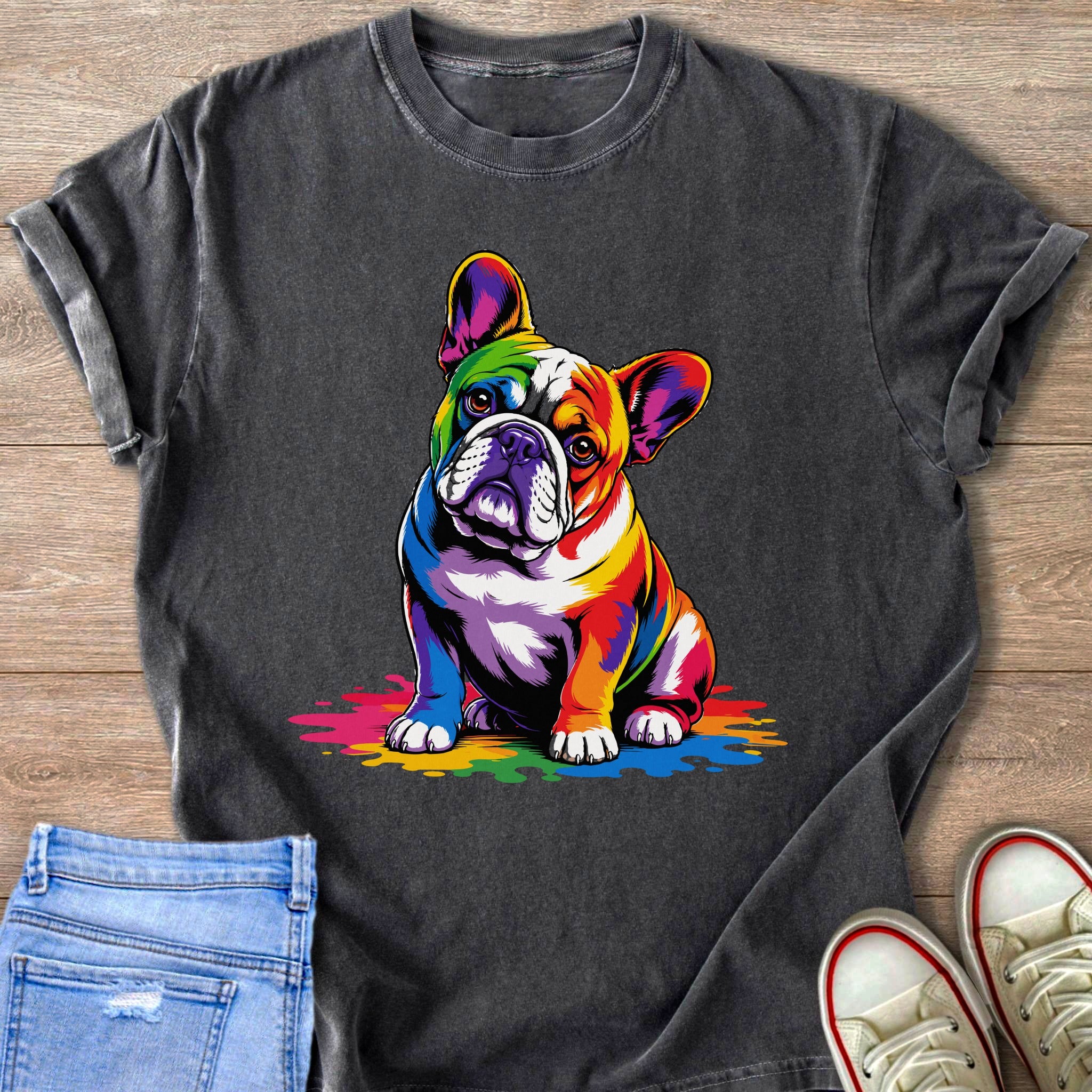 French bulldog with rainbow paint splatters printed on a charcoal t-shirt.