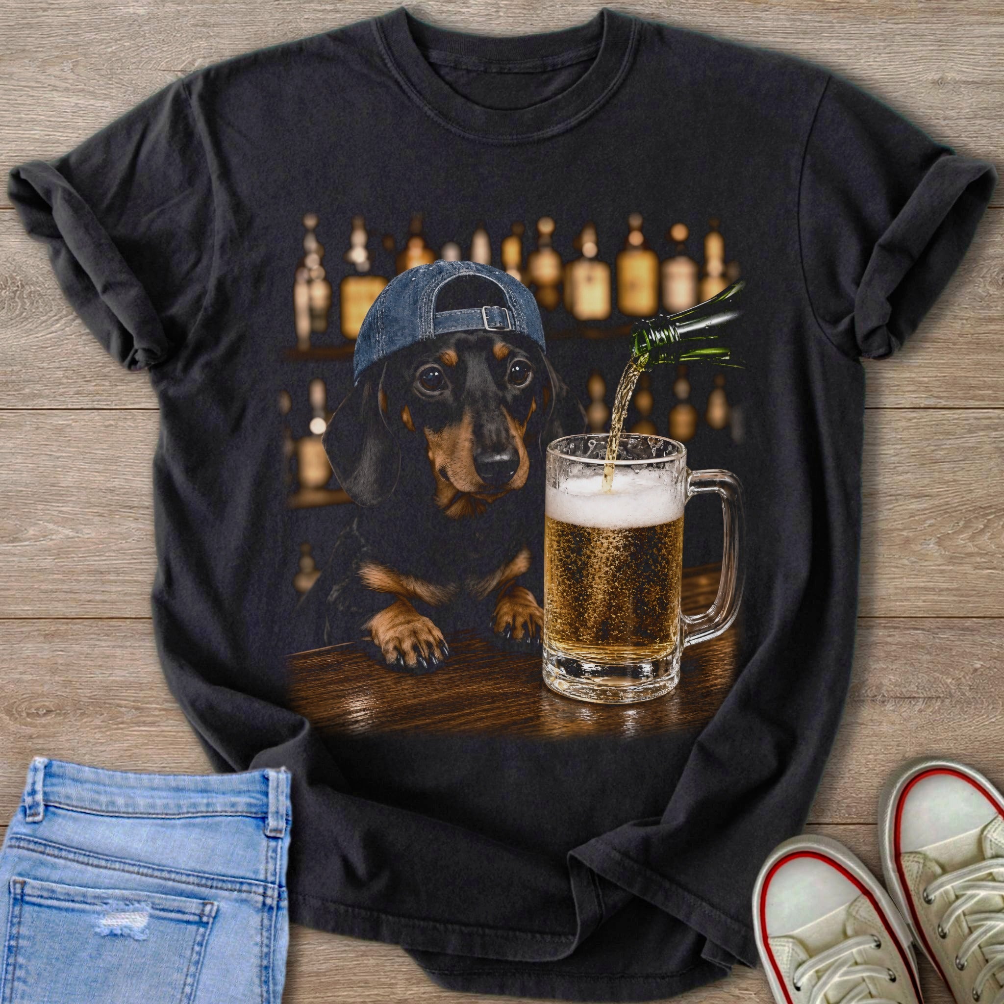 Dachshund wearing a denim cap pours beer into a mug at a bar.