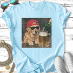 Golden retriever dog wearing sunglasses and red hat pours beer into a mug.