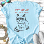Light blue t-shirt with grumpy cat holding "Game Over" sign.