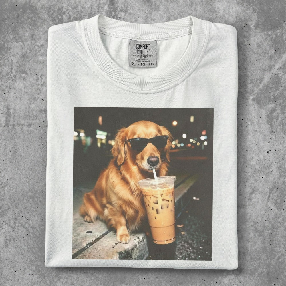 Golden retriever in sunglasses drinks iced coffee, Comfort Colors t-shirt.