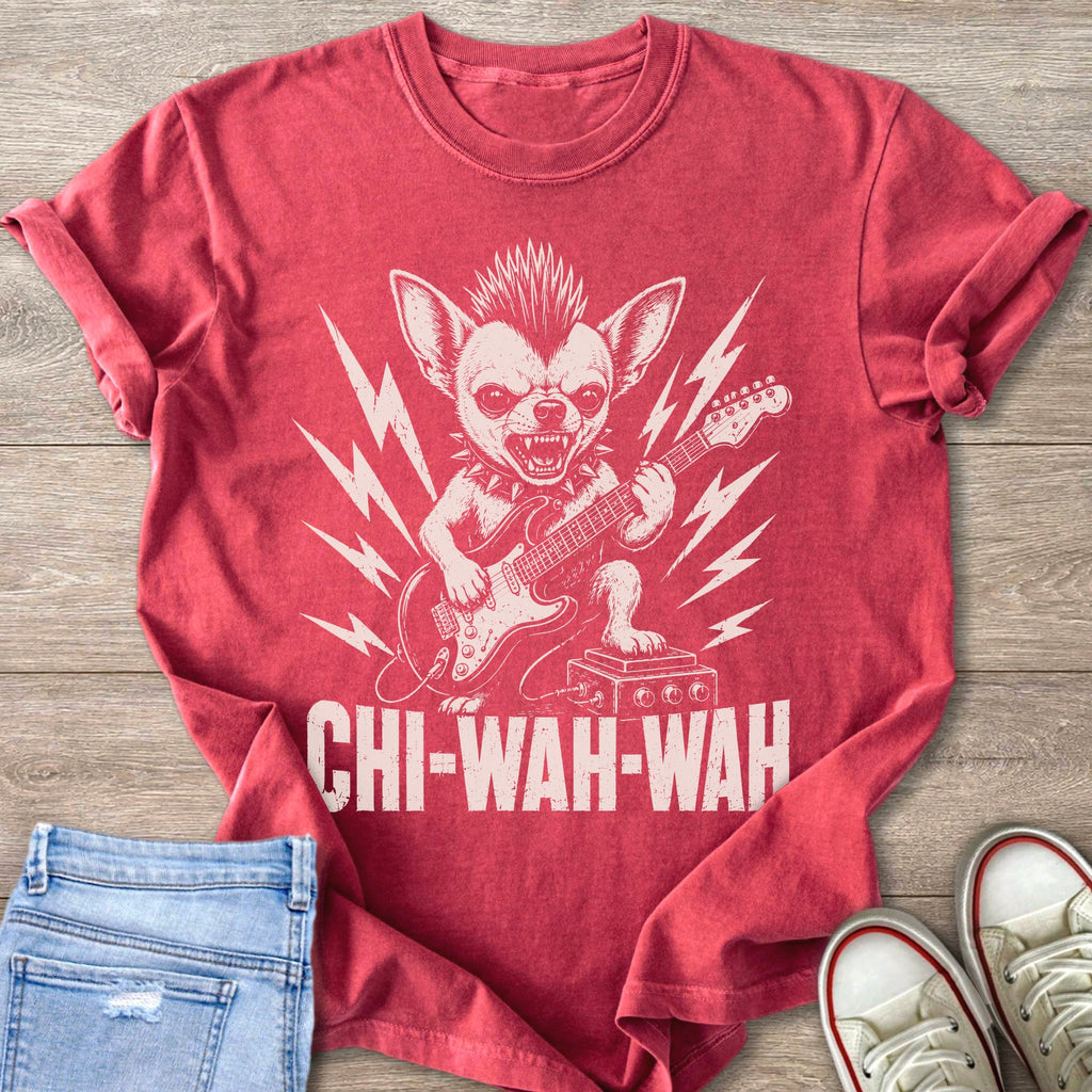 Chihuahua with mohawk playing electric guitar and text CHI-WAH-WAH.