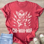 Chihuahua with mohawk playing electric guitar and text CHI-WAH-WAH.