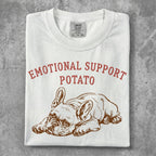 White t-shirt with French bulldog and "Emotional Support Potato" text.