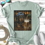 Dachshund wearing a baseball cap pours beer at a bar.