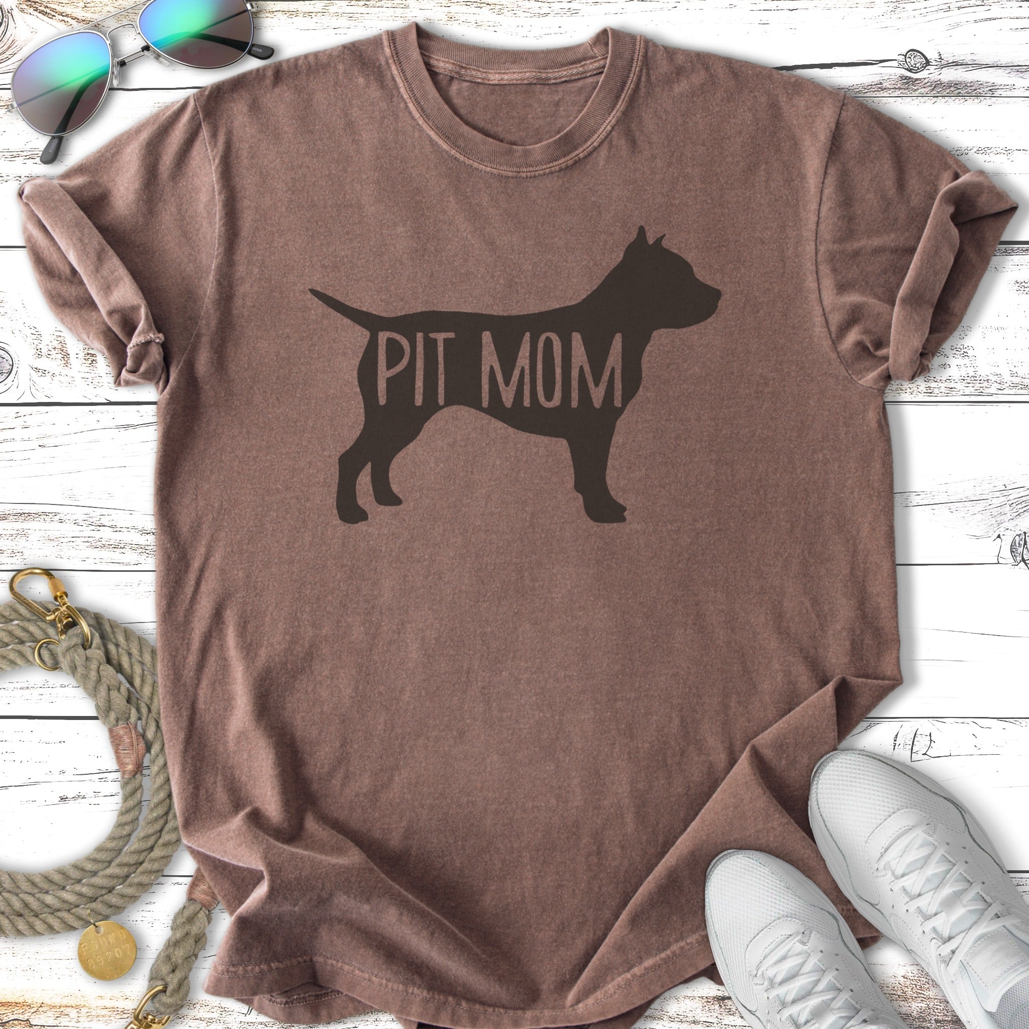 Brown t-shirt with black "PIT MOM" text and dog silhouette.