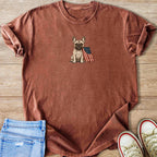 French bulldog sitting with American flag on t-shirt chest print.