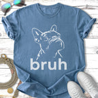 French Bulldog outline graphic on blue t-shirt with "bruh" text.