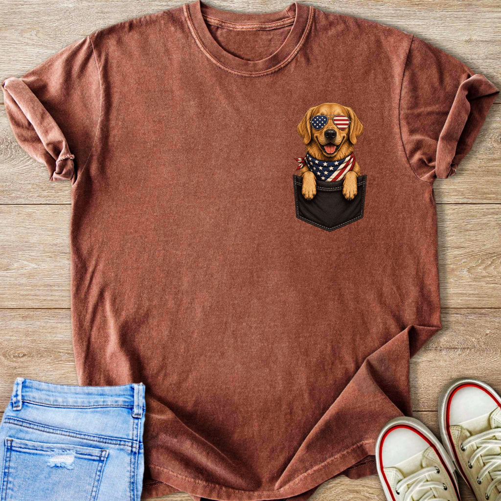 T-shirt with a golden retriever wearing sunglasses and a bandana in a pocket.