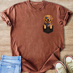 T-shirt with a golden retriever wearing sunglasses and a bandana in a pocket.