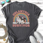 Cat graphic with rainbow, clouds, and text "CHLAMYDIA SURVIVOR".