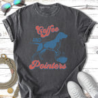 Dark t-shirt with "Coffee and Pointers" text and a blue dog illustration.