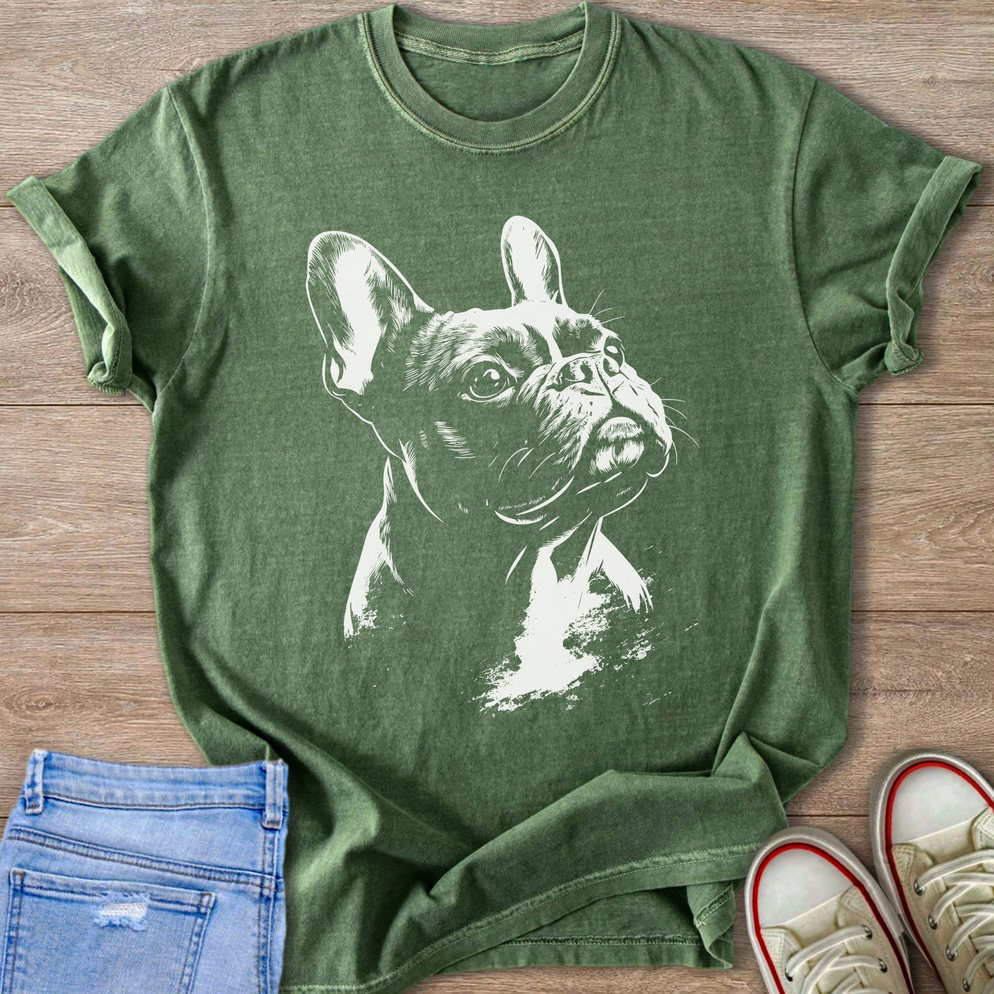 Green t-shirt with white French bulldog sketch on textured background
