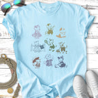 T-shirt with cartoon cats in vintage outfits and accessories.