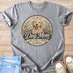 Gray t-shirt with Golden Retriever illustration and "Dog Mom" text.