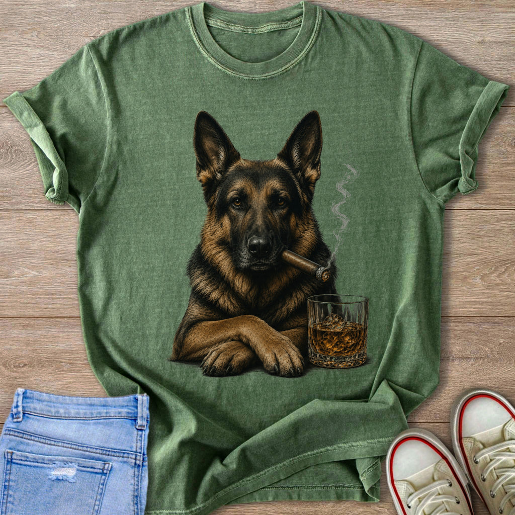 German shepherd with cigar and whiskey on a green t-shirt.