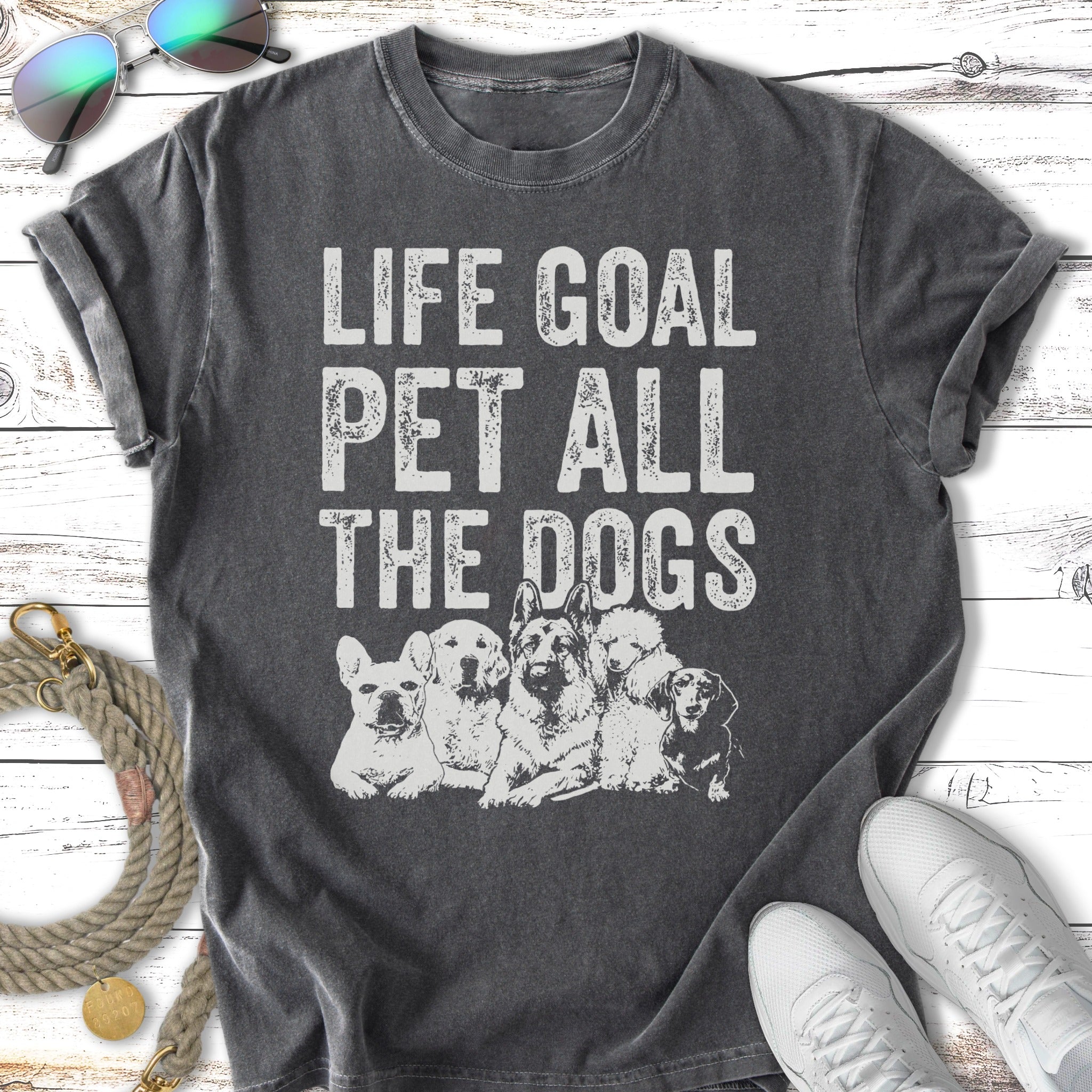 T-shirt with "LIFE GOAL PET ALL THE DOGS" and five dog breeds.