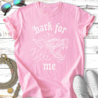 Pink t-shirt with a white wolf graphic and "bark for me" text.