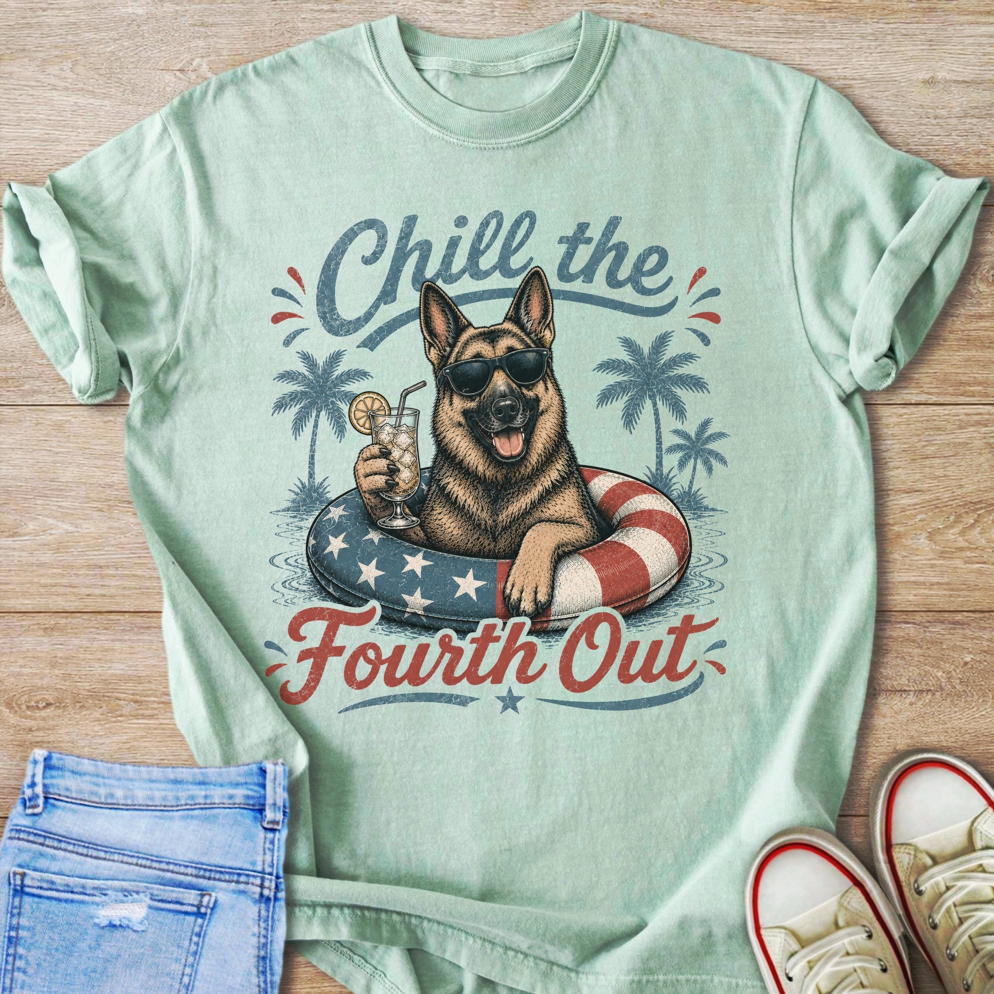 German Shepherd in inner tube holding drink with text "Chill the Fourth Out".