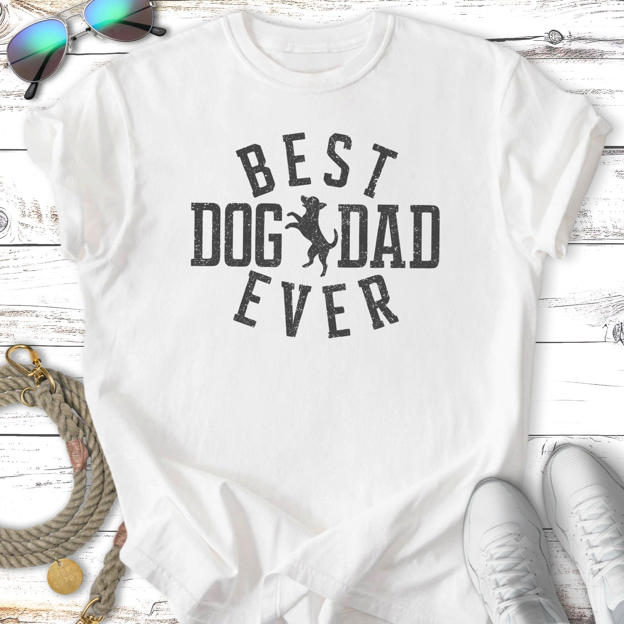 White t-shirt with "BEST DOG DAD EVER" text and dog silhouette.