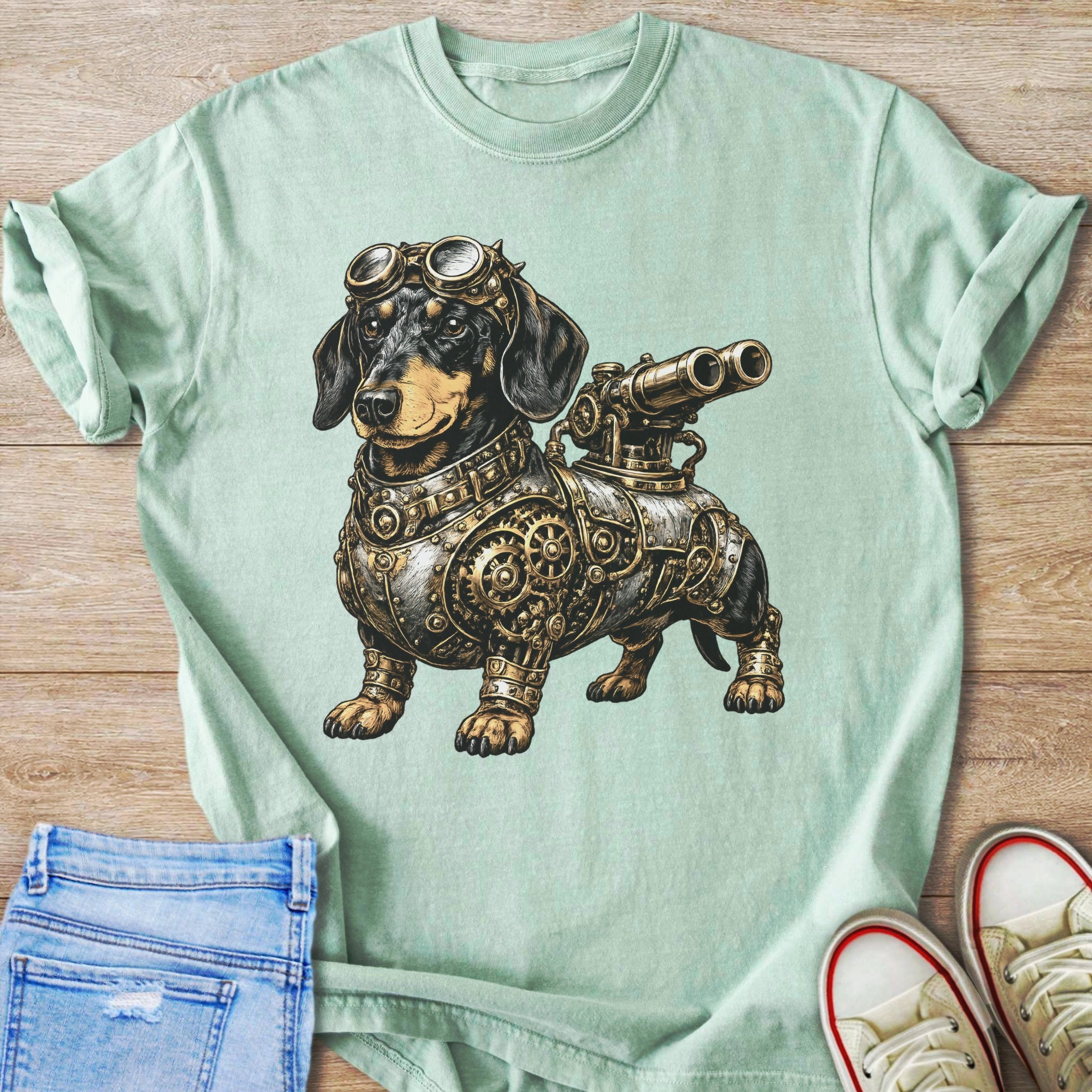 Steampunk dachshund wearing goggles and mechanical armor with binoculars on back.