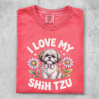 Coral t-shirt with "I LOVE MY SHIH TZU" and dog illustration.