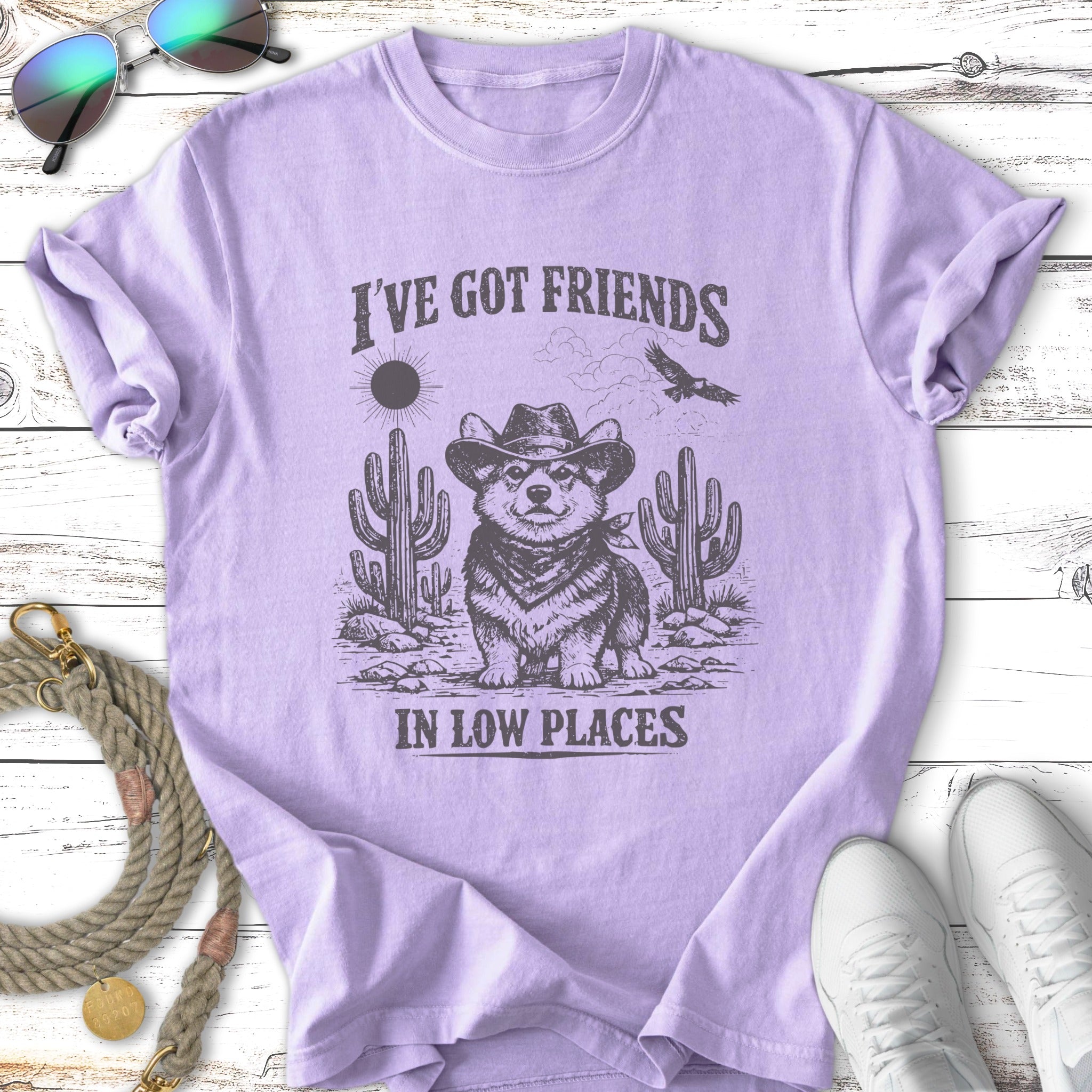Corgi in cowboy hat with cacti and text "I've got friends in low places".