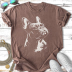 French bulldog head graphic on a distressed brown t-shirt.