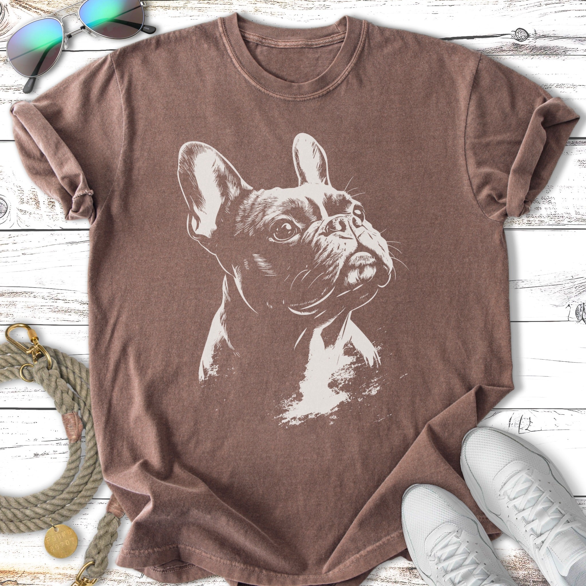 French bulldog head graphic on a distressed brown t-shirt.