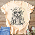 T-shirt with sketch of dog wearing sunglasses holding drink and fries, "Dad Tax" text.