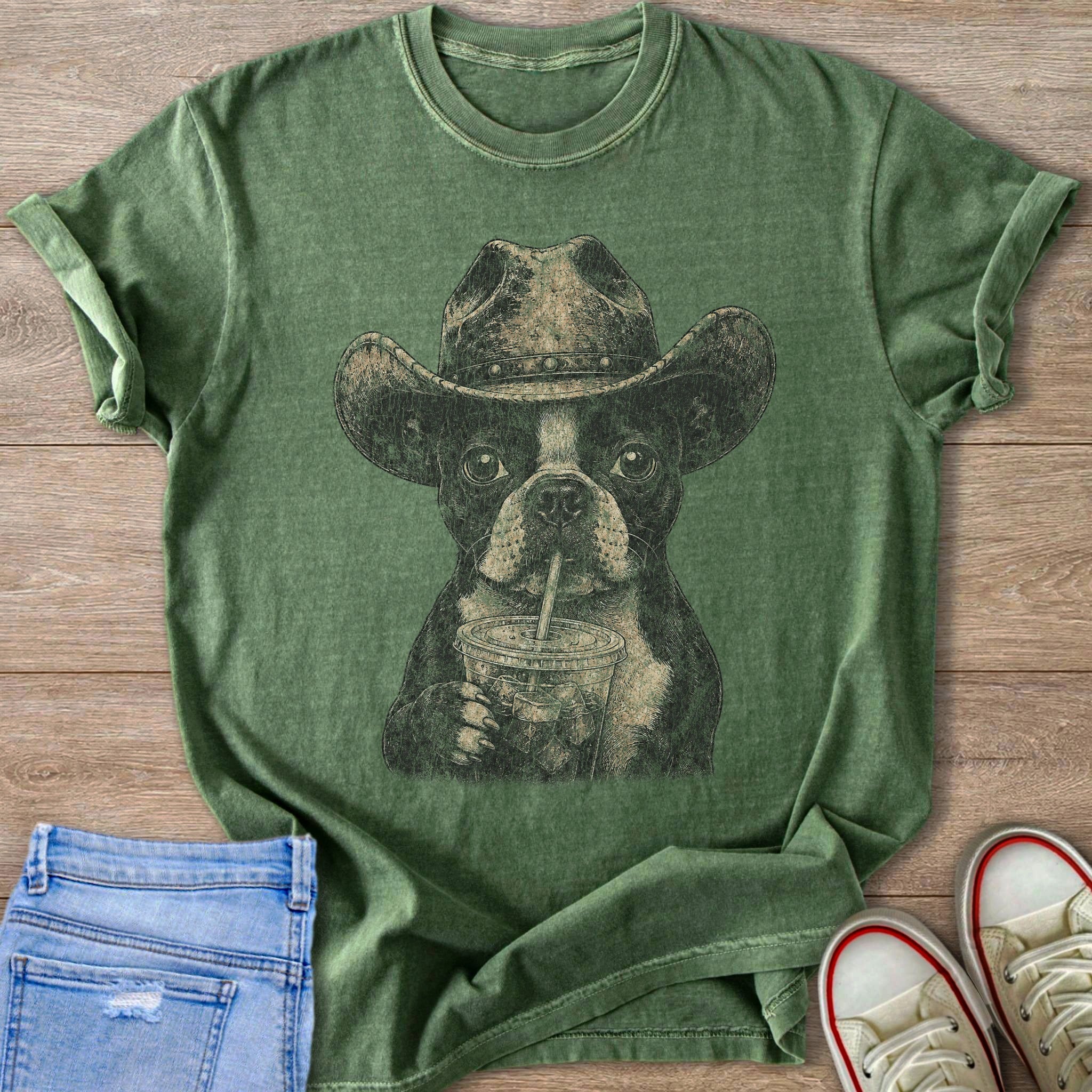Boston terrier with cowboy hat drinks from a cup on a green t-shirt.